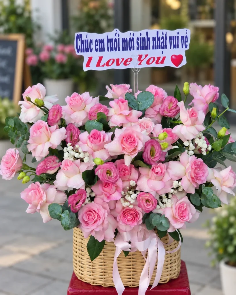 Giỏ hoa tone hồng – Tiệm Hoa Nắng