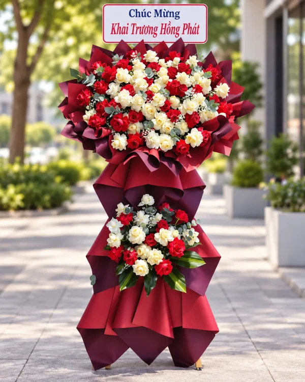 Hưng Thịnh – Kệ Hoa Khai Trương Đỏ Trắng 2 Tầng – Tiệm Hoa Nắng