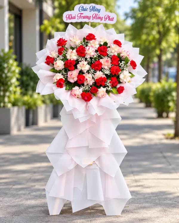 Khởi Đầu Mới – Kệ Hoa Khai Trương Trắng Đỏ – Tiệm Hoa Nắng