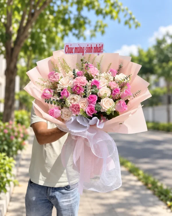 Ngày Vui – Bó Hoa Hồng Hồng Trắng – Tiệm Hoa Nắng